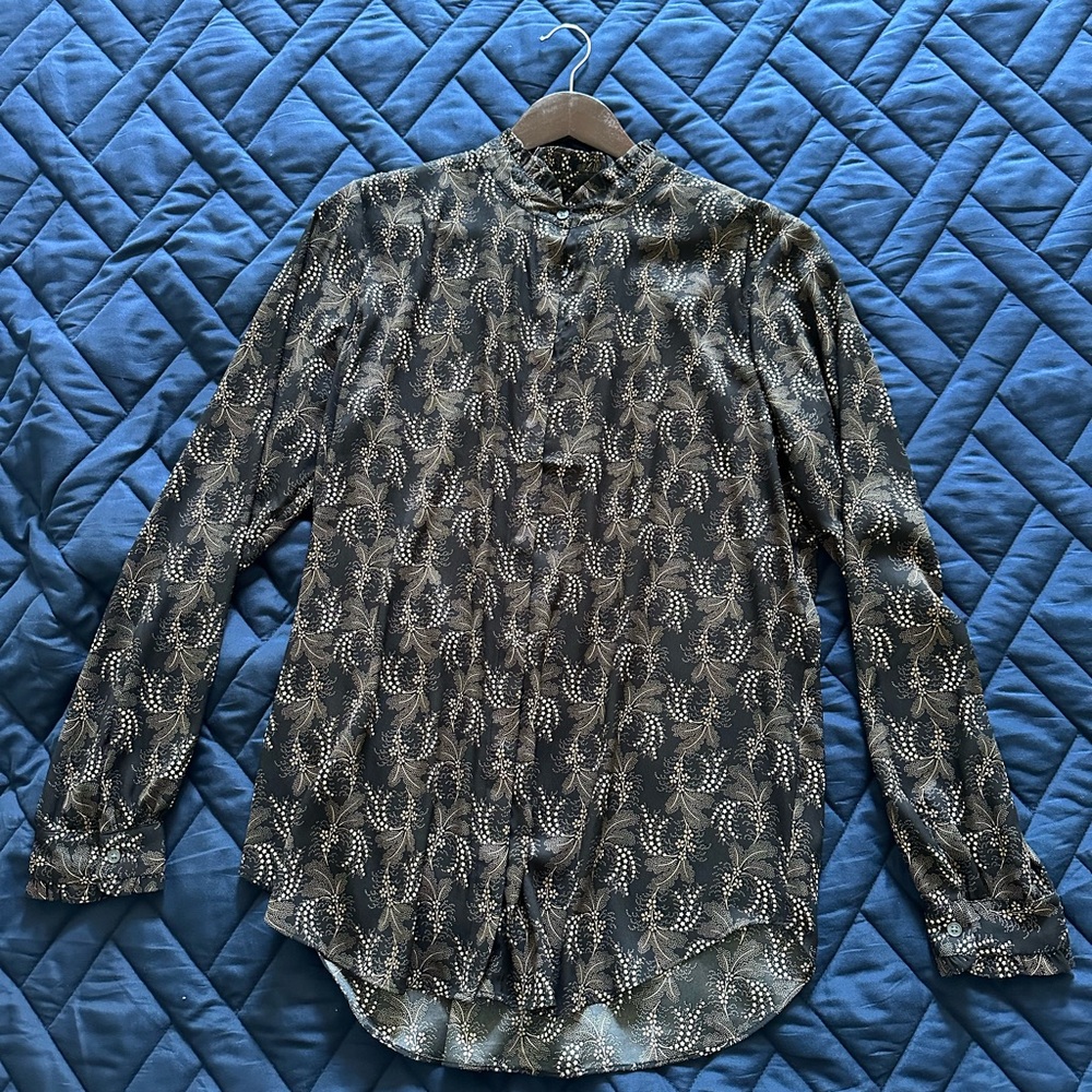 Women’s Black Patterned Shirt with Ruffled Collar & Cuffs
